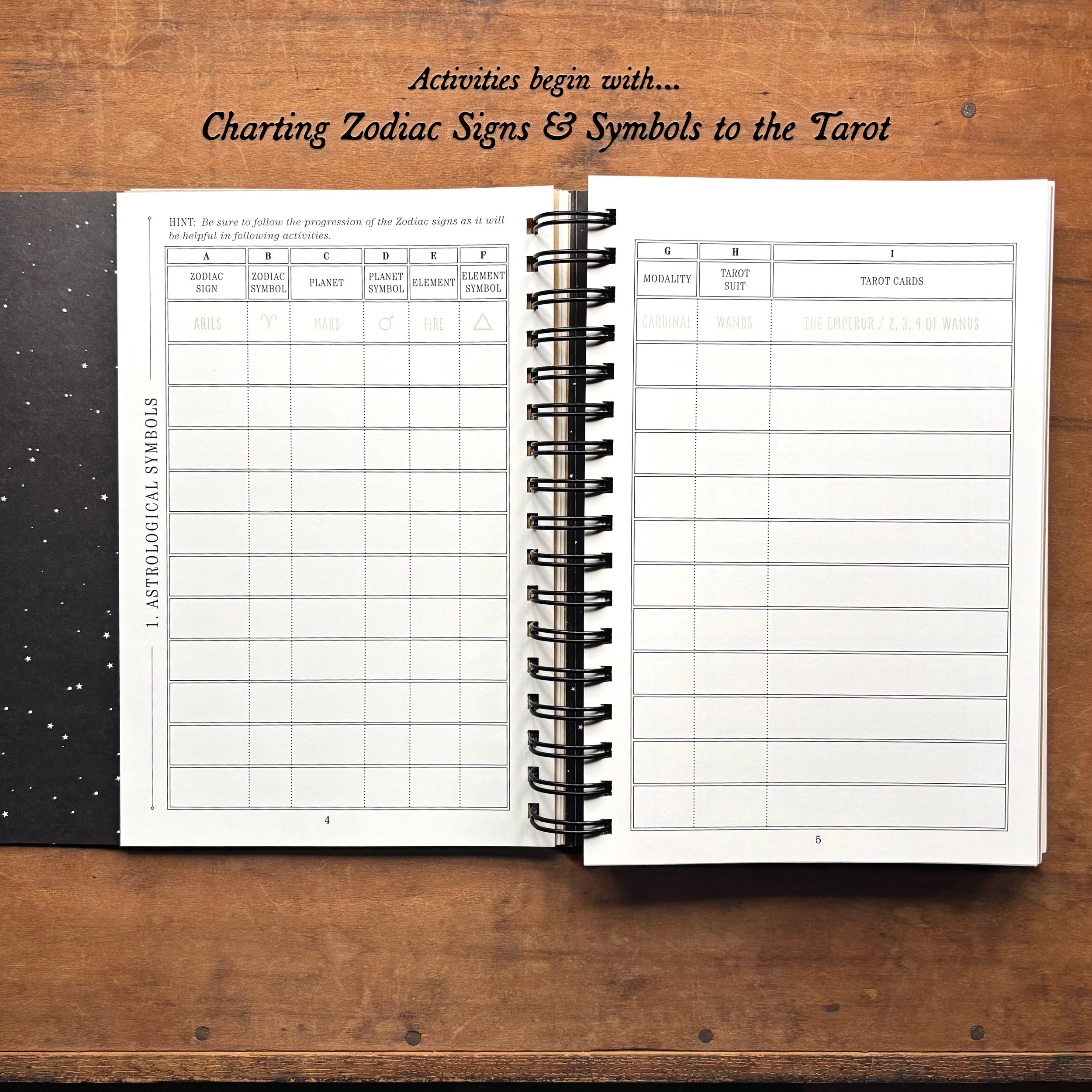 The Great Work Book showing the Tarot and Astrology symbols activity.