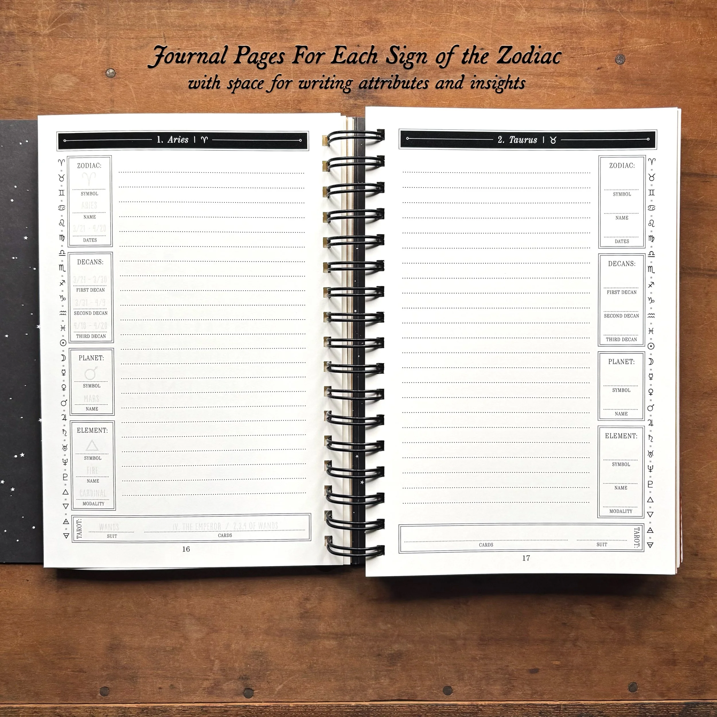 The Great Work Book showing the Astrology / Zodiac journal pages.