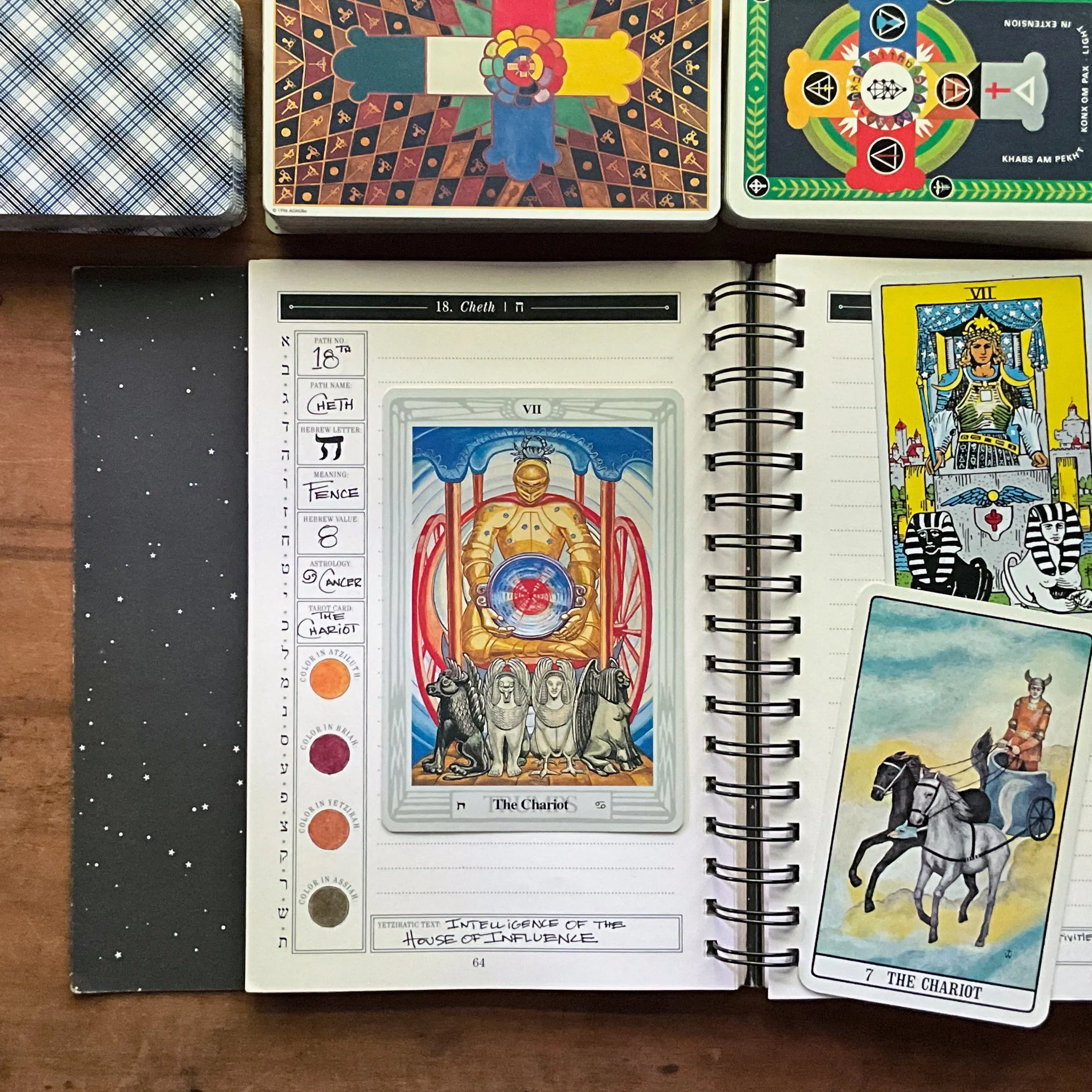 The Great Work Book’s Qabalistic Journal featuring Cheth, the path associated with Cancer. The Chariot tarot cards from Rider-Waite, Thoth, and Golden Dawn decks are pictured.