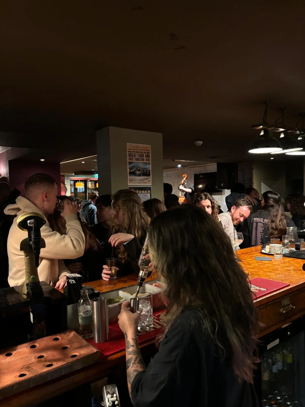Crowded bar with people socializing and drinking, bartender preparing drinks, dim indoor lighting, musical performer in background.