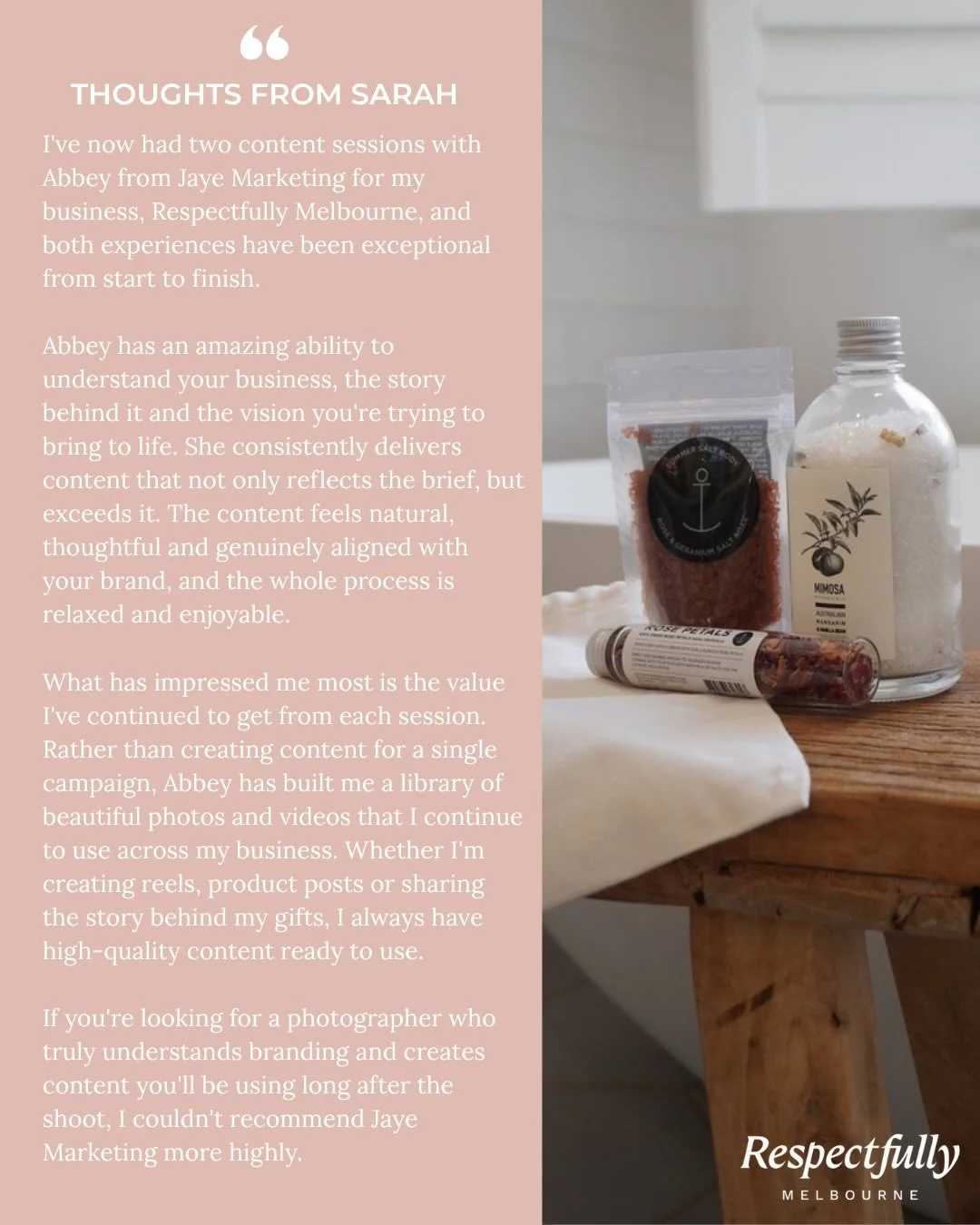 Finishing off the week with some kind thoughts from Sarah 🥹 Very grateful to work with clients like @respectfullymelbourne, I enjoy every minute spent shooting content that brings brands to life. Thank you so much for your sweet words 🤍