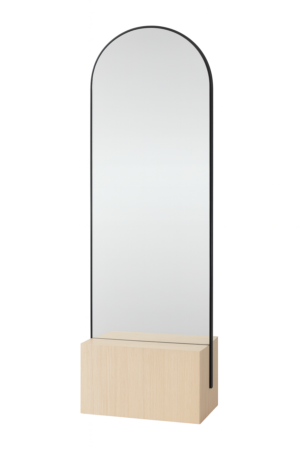 A full-length standing mirror with a black arched frame, supported by a rectangular wooden base, set against a white background.