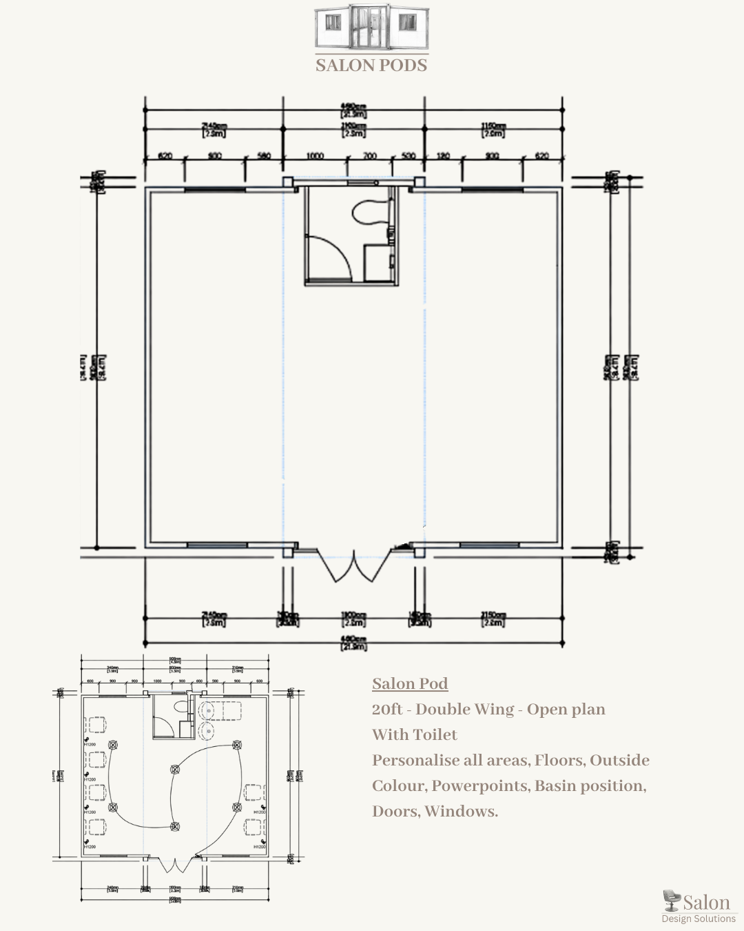 Blueprint drawing of a salon pod with an open plan layout, double wing entrance, small bathroom with toilet, and optional customization for interior and exterior features.