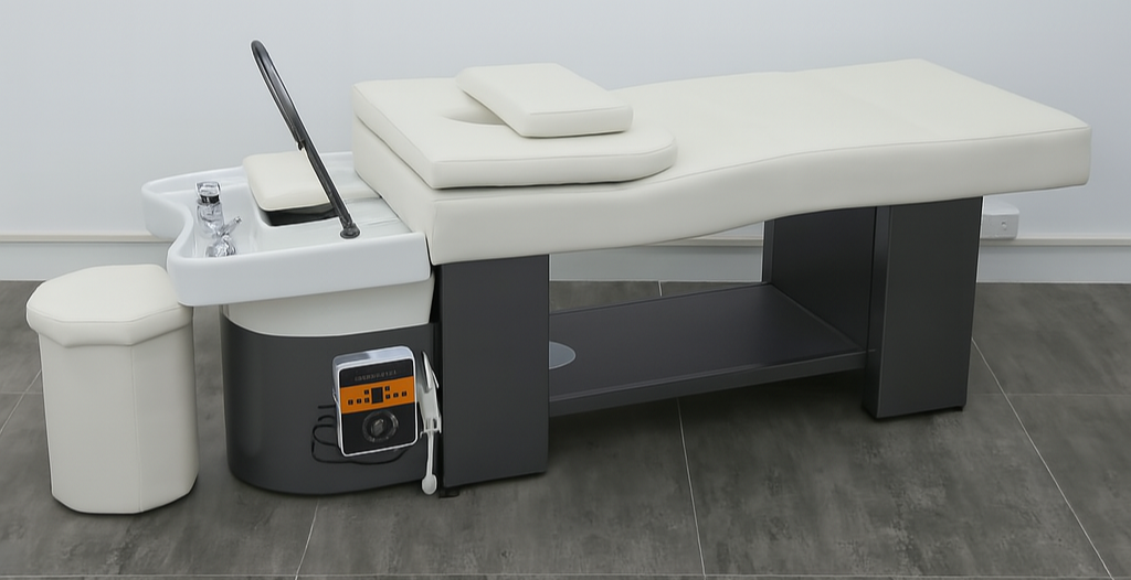 A white Head Spa table with a gun metal base and a built-in basin and a faucet, needs to be plumbed in.