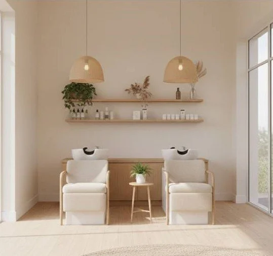 A minimalist room with two white armchairs, a small side table with a green plant, two hanging pendant lights, and two floating shelves with decorative items, next to a large window.