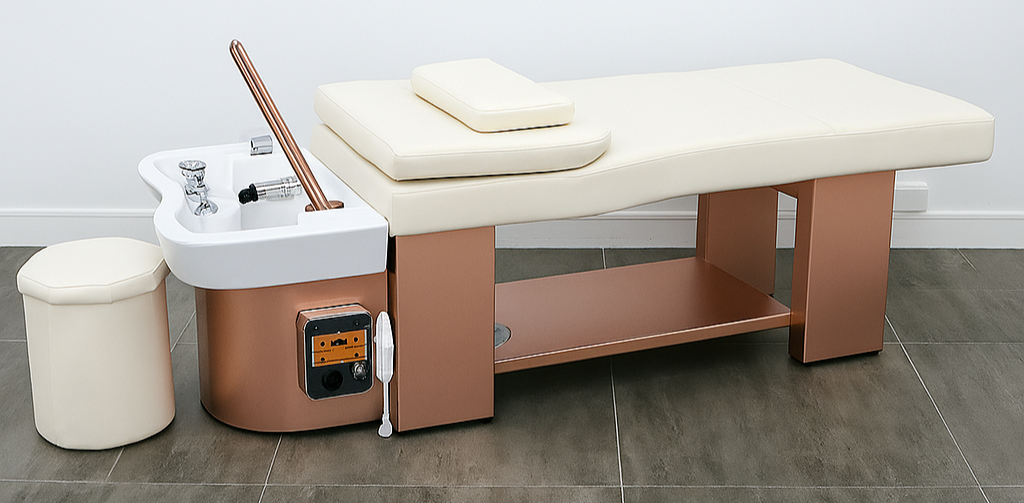 A white Head Spa table and a rose gold base with a built-in basin and a faucet, needs to be plumbed in.