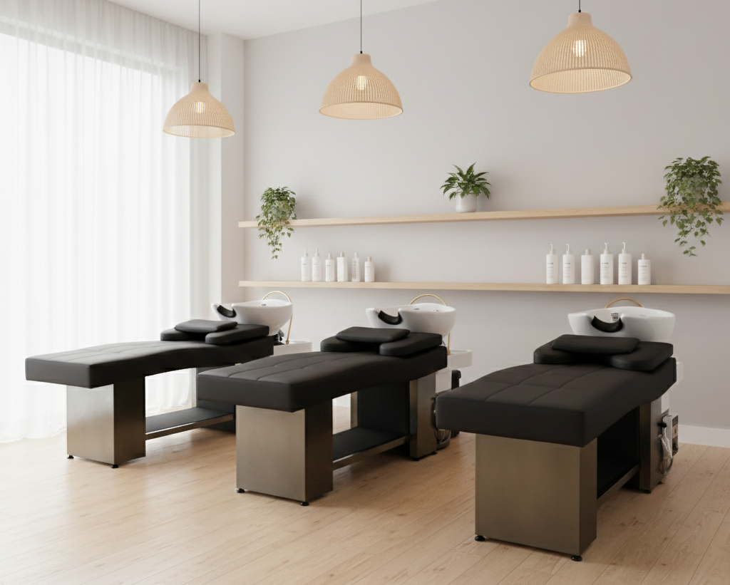 Three black massage chairs with white sinks in a spa or salon treatment room, with potted plants and shelves on the wall.