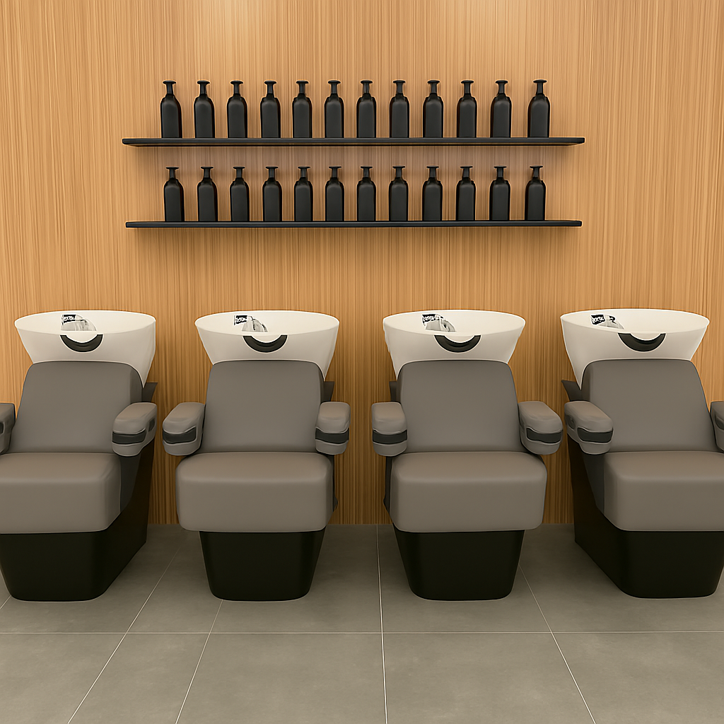 Four salon wash stations with white sinks and gray chairs in a salon or spa, with black bottles on shelving above against a wood-paneled wall.