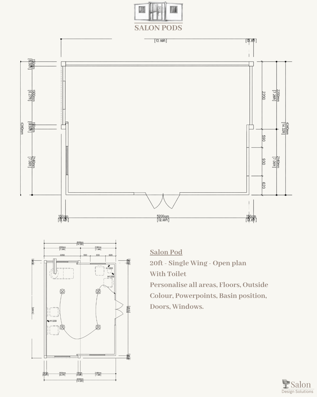 Architectural plans for a 20-foot salon pod with a single wing, including an open plan layout, a toilet, and designated areas for personalizing floors, outside color, powerpoints, basin position, doors, and windows.