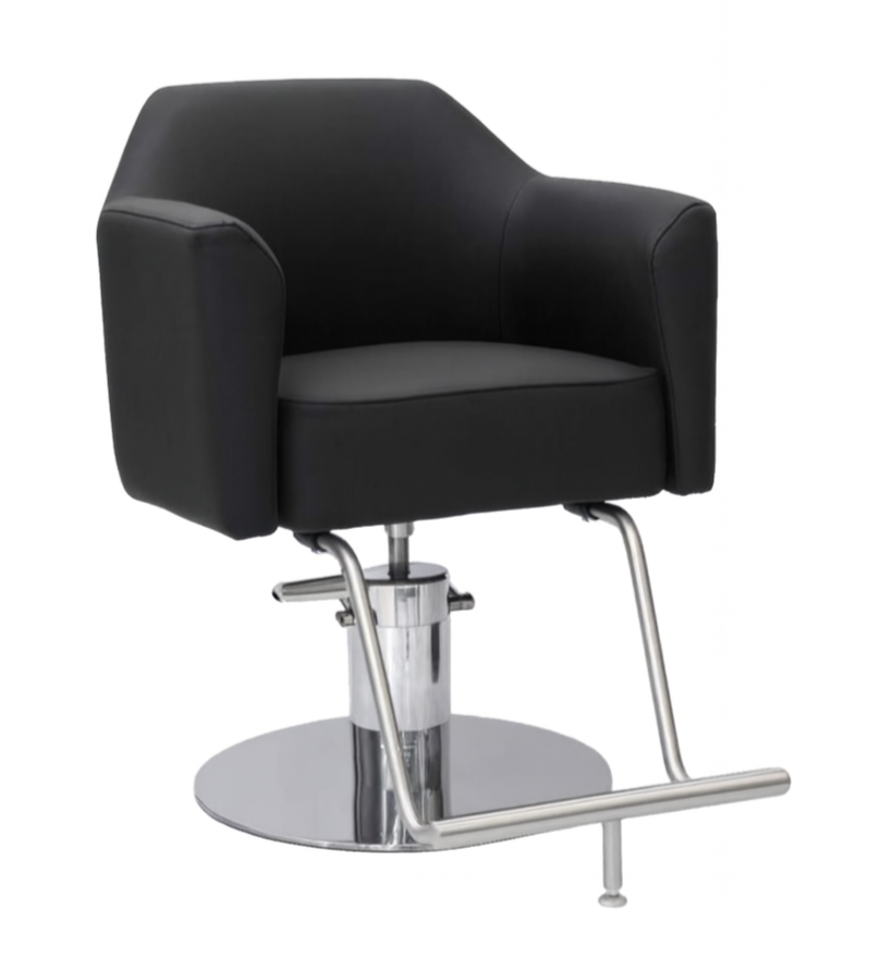 Black salon barber chair with a chrome base and footrest.