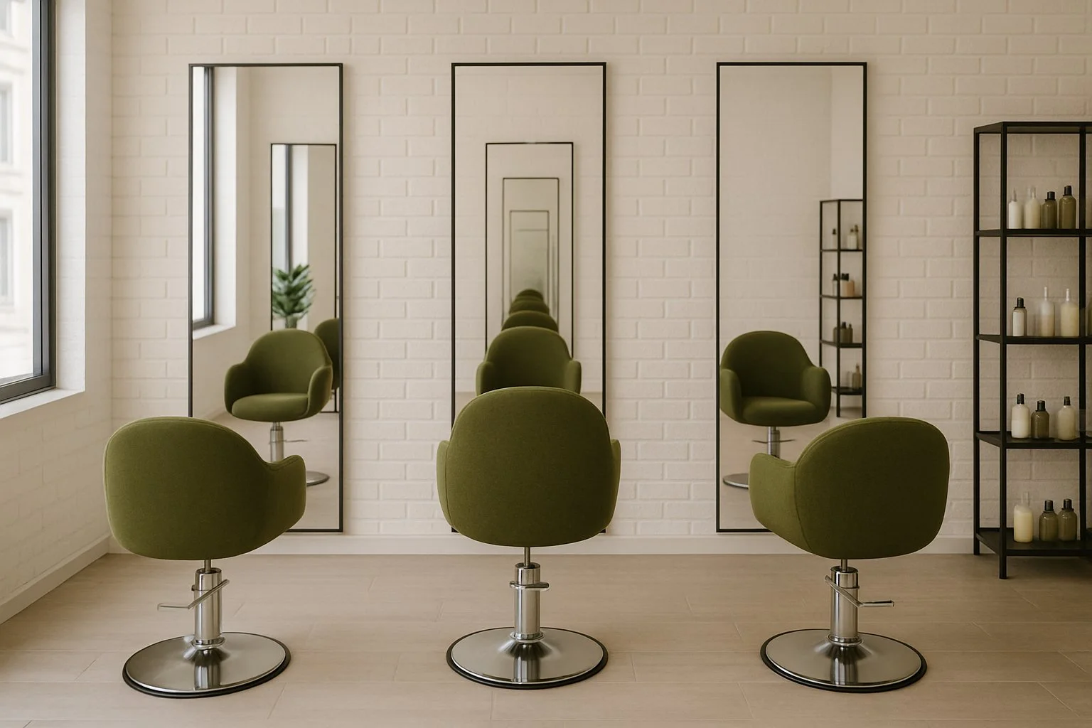 A hair salon with three green chairs in front of tall mirrors, with a brick wall and a black shelf with bottles in the background.
