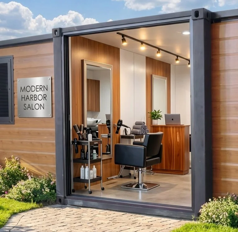 Interior of a modern hair salon with wooden walls, a large mirror, styling chairs, hairdressing tools, towels, and a reception desk with a laptop.
