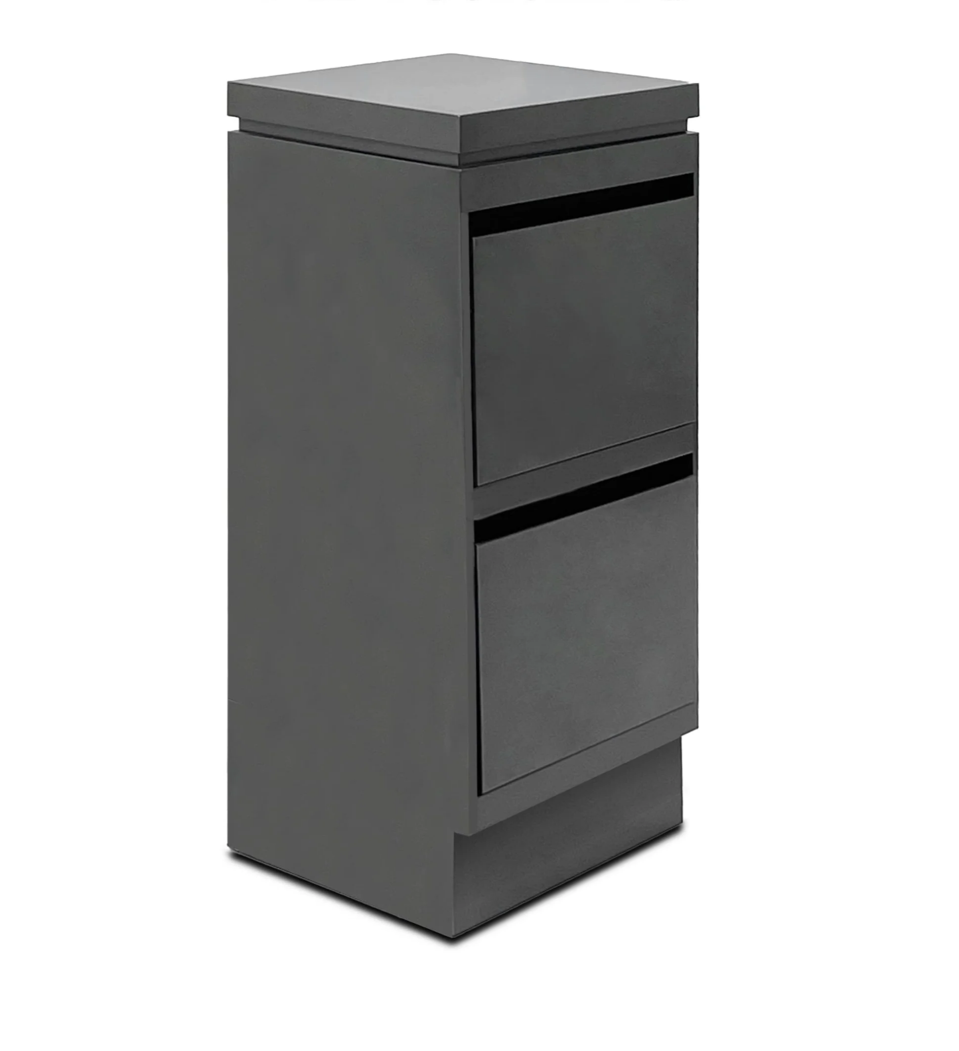 Gun Metal Stainless steel salon storage with two drawers for salon storage.