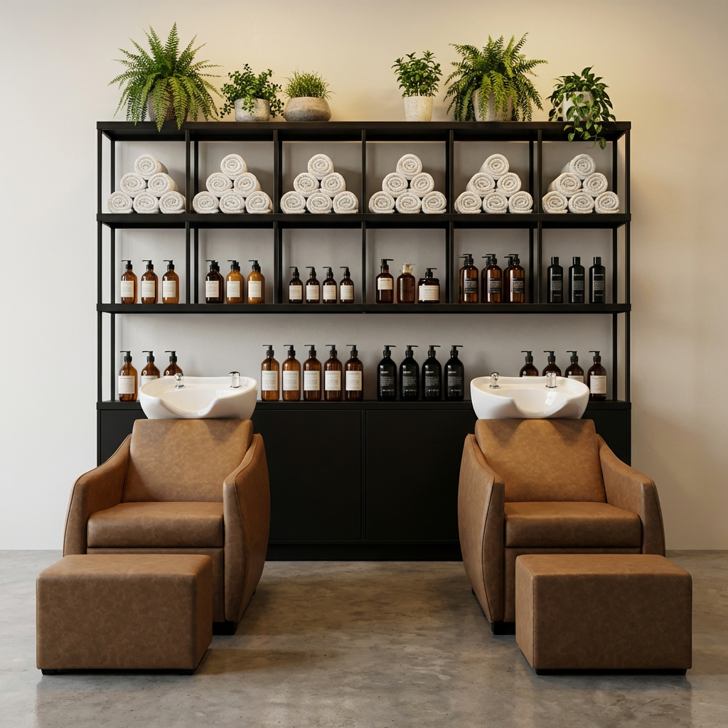 Salon with two brown chairs and white sinks set against a black shelving unit filled with rolled towels, shampoo bottles, and plants on top.