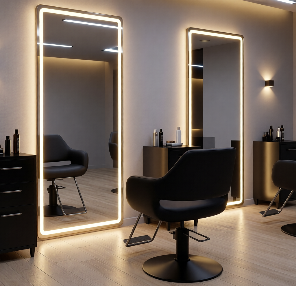 Modern hair salon with illuminated mirrors, black chairs, and skincare products on black cabinets.