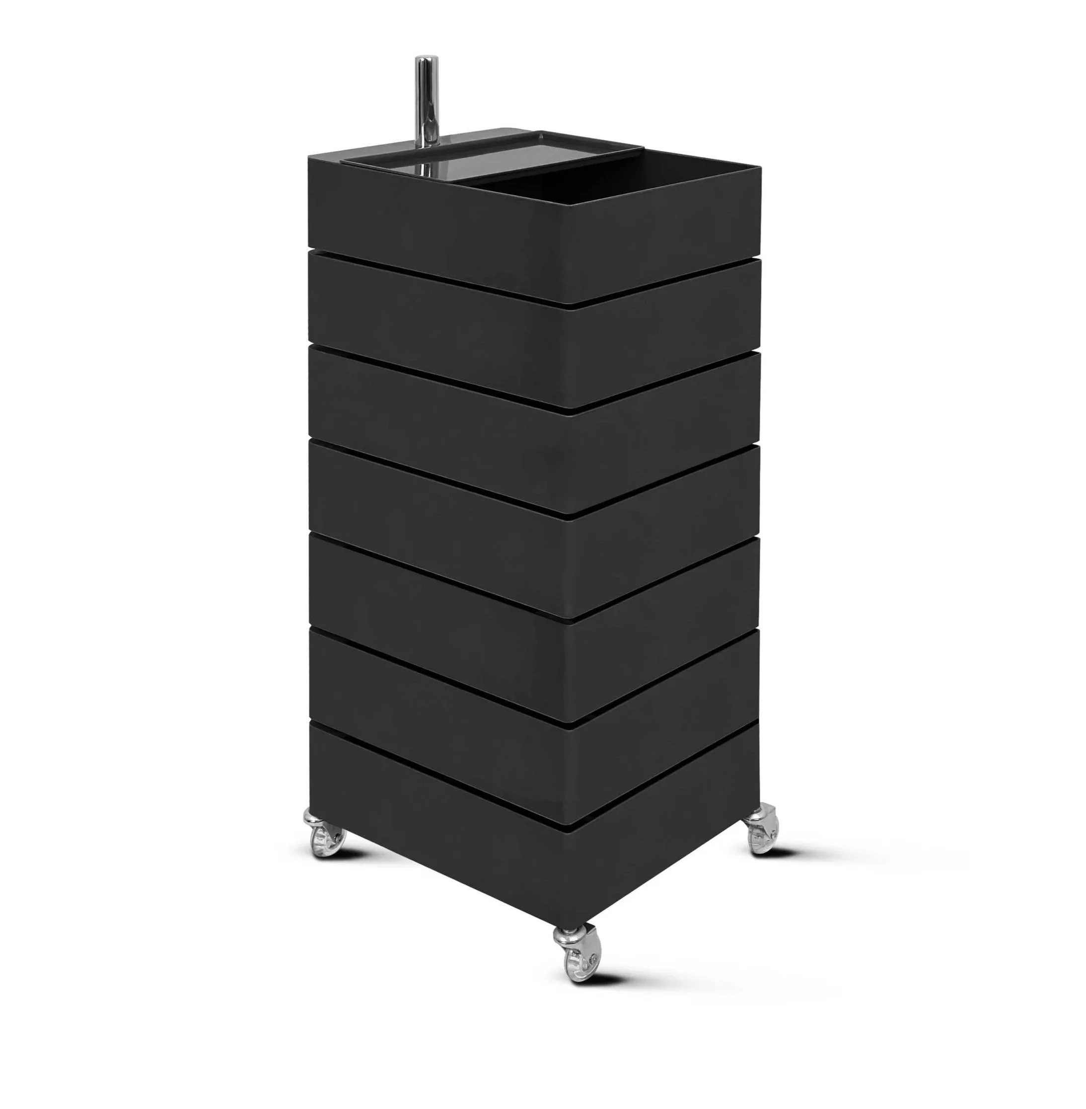 A black mobile trolley with multiple drawers