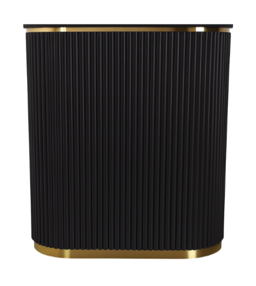 A black textured reception desk with gold accents at the top and bottom.
