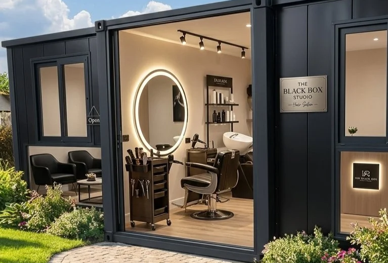 Inside a modern, stylish hair salon studio with a large illuminated oval mirror, salon chair, styling tools, and a hair wash station, surrounded by windows and greenery outside.