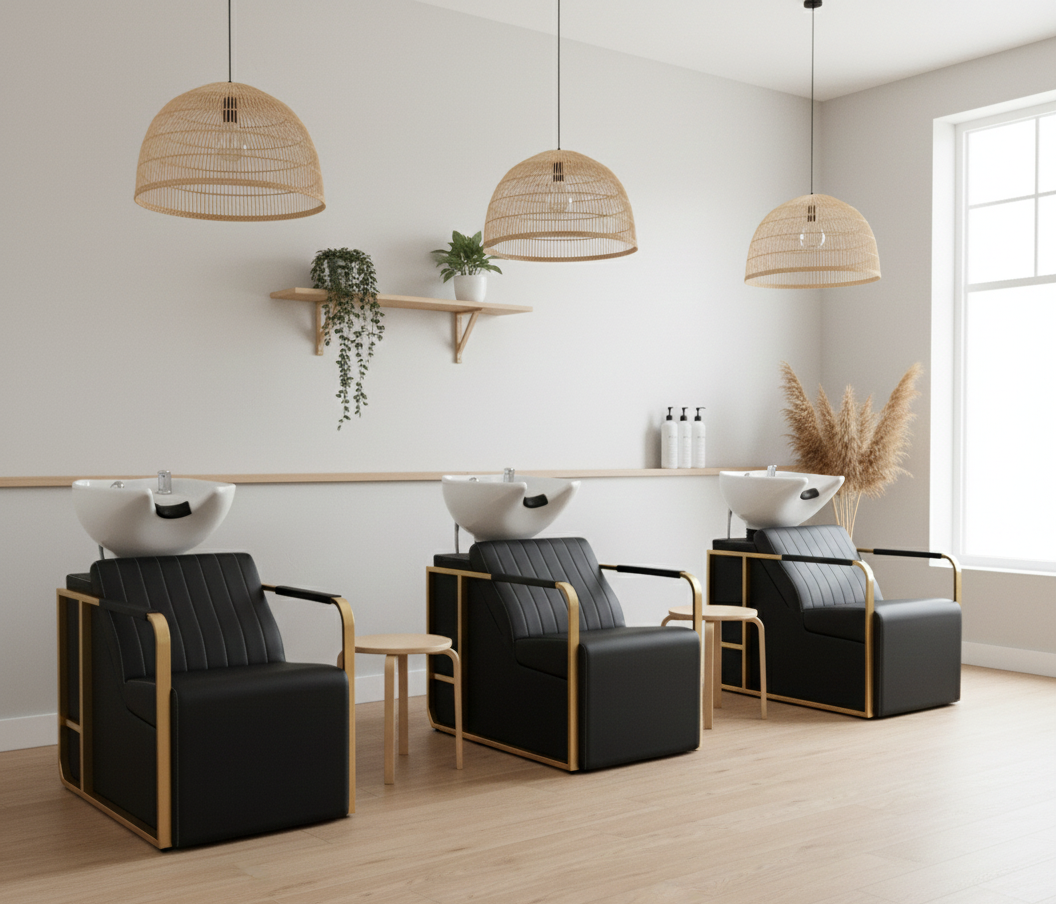 Three black salon chairs with white sinks and wooden armrests in a hair salon, illuminated by hanging wicker lamps with a white wall in the background.