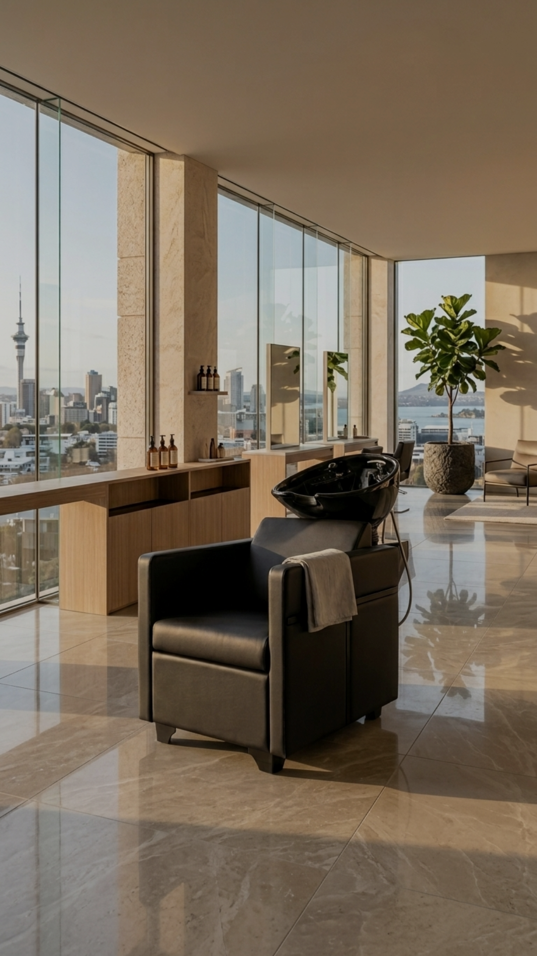Modern hair salon with a black reclining chair and a shampoo basin, large windows showing city skyline and a body of water, potted plant, mirror, and wooden shelves.