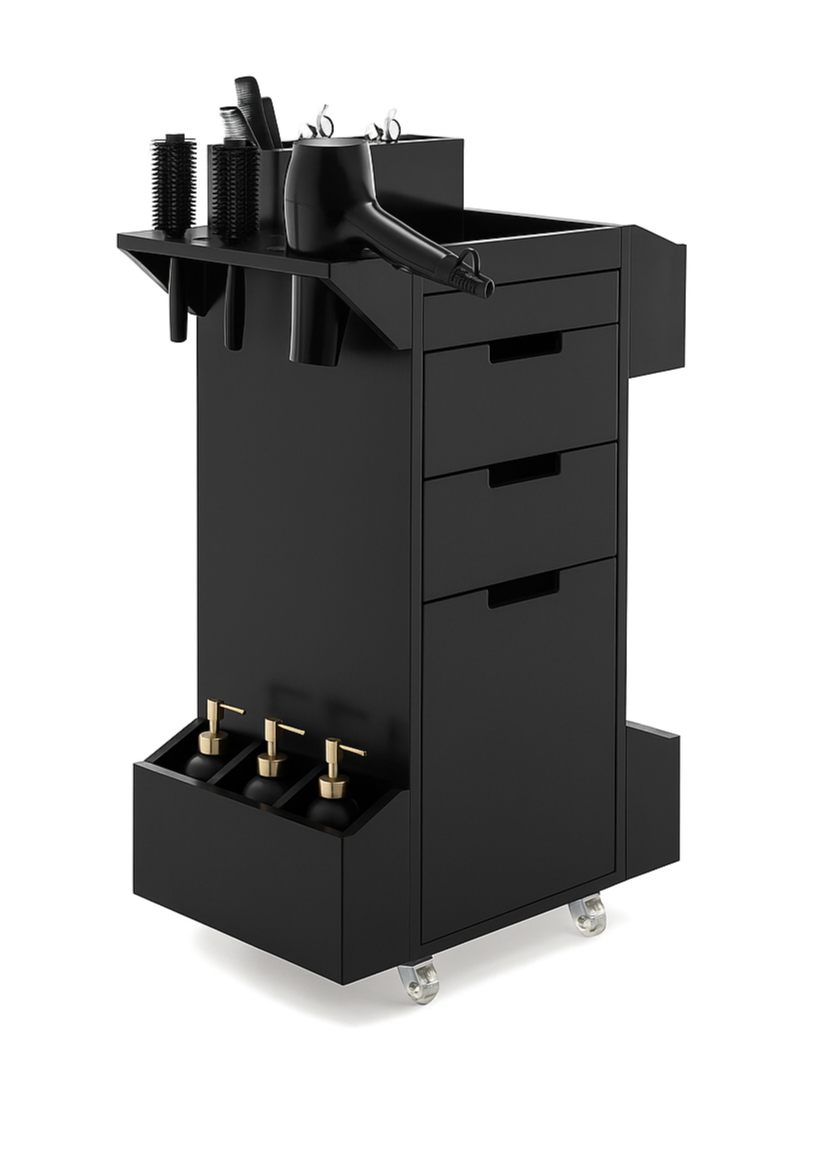 Black salon or barber station with drawers, hairdryers, brushes, bottles, and hooks for styling tools, on wheels.