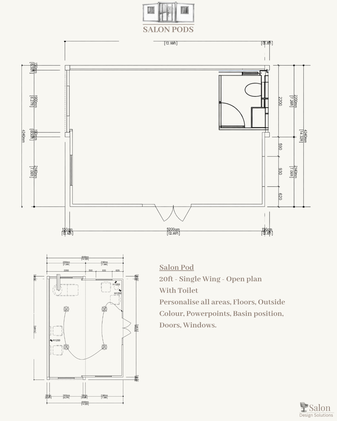Architectural plan for a 20-foot single wing salon pod with a toilet, showing layout and measurements for floor, exterior, and interior features, along with personalized design details.