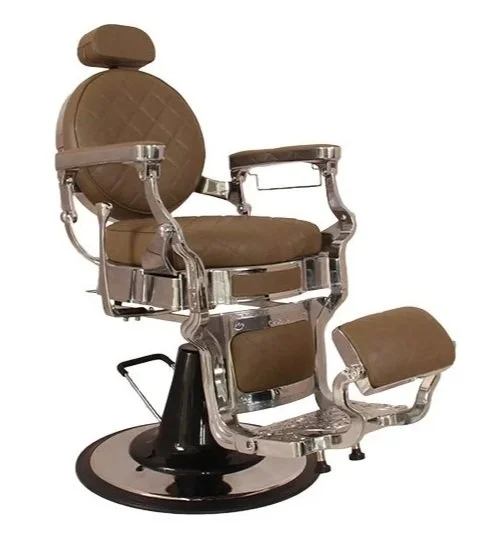 A vintage barber chair with brown cushioning, chrome accents, and a black circular base.
