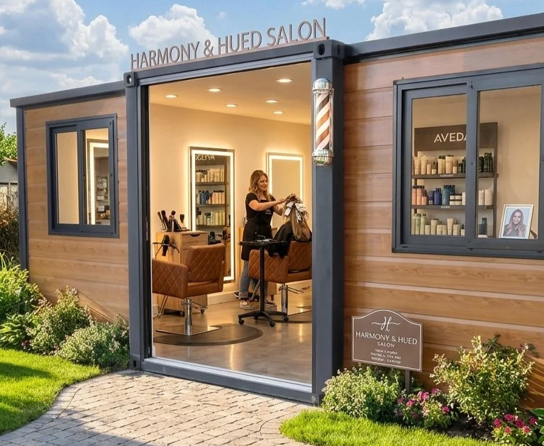 Exterior of a small salon named 'Harmony & Hueds Salon' with an open door revealing a hairstylist working on a customer inside. The salon has wood siding and a barber pole outside, with a sign outside displaying the salon's name.