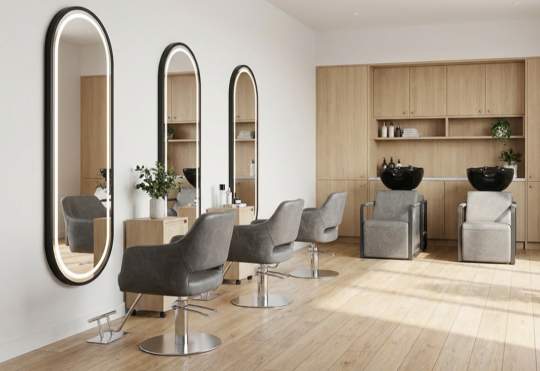 Modern hair salon with three styling stations, each with a mirror, gray chairs, and hair products on nearby carts. At the back are two washing stations with black sinks and gray armchairs, cabinet with shelves, and decorative plants.