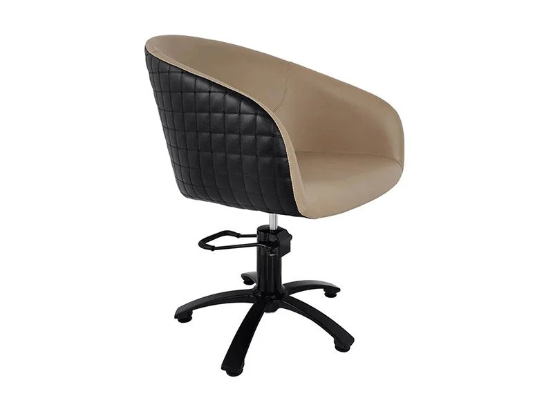 Hairdressing Styling Chair with a beige and black quilted design and a black five star base.