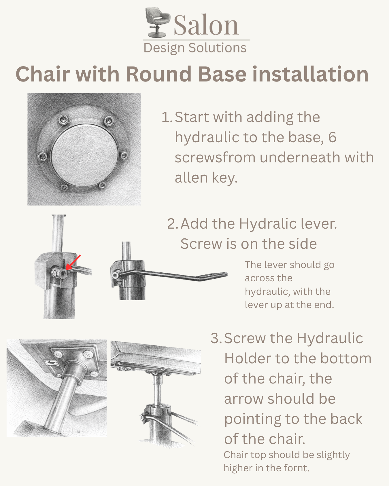 Instruction sheet for installing a chair with a round base, including diagrams of the base, hydraulic lever, and attachment points, with step-by-step guidance.