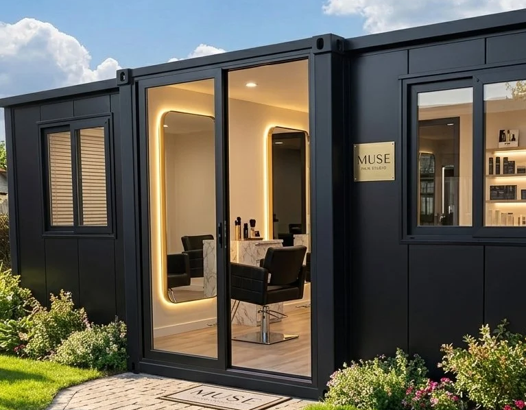 Exterior view of a modern beauty salon with black container-style structure, glass doors, and windows. Inside, there are black chairs, illuminated mirrors, and shelves with beauty products. The salon is surrounded by landscaped greenery.