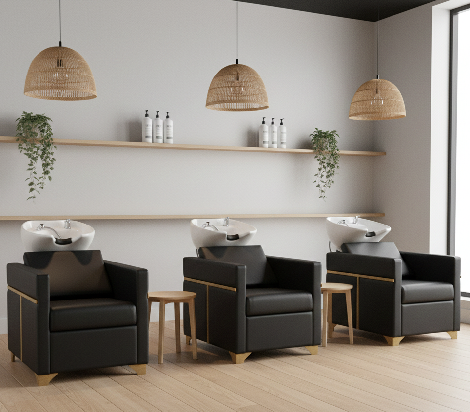 Three black salon chairs with white shampoo sinks and wooden side tables in a hair salon, with hanging wicker lamps and plants on shelves in the background.