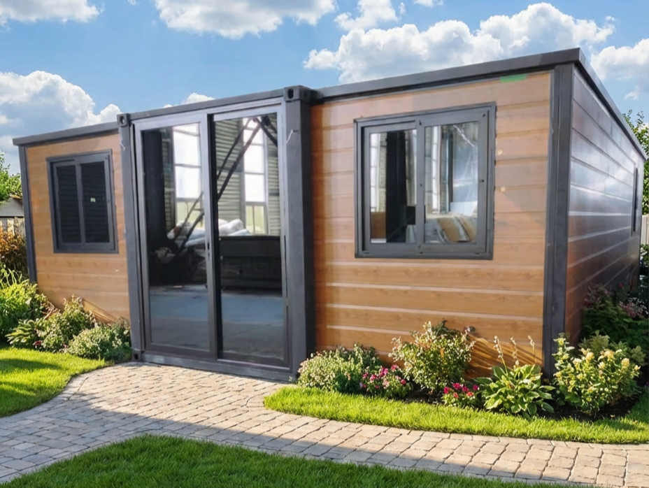 A small modern wooden garden house with black trim, glass sliding door, and windows, surrounded by landscaped garden with colorful flowers, on a paved pathway under a cloudy sky.