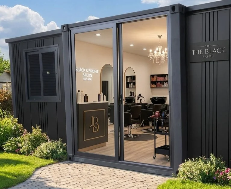 Exterior view of a black salon structure with sliding glass doors, revealing a modern salon interior with chairs, shelves, and a chandelier.