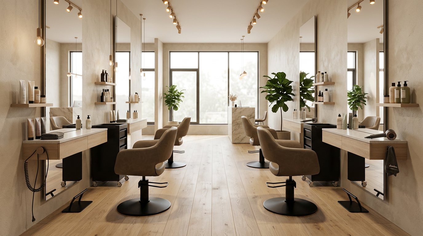 Empty modern hair salon with four styling chairs, large mirrors, wooden floors, and minimal decor, including potted plants and shelves with hair products.