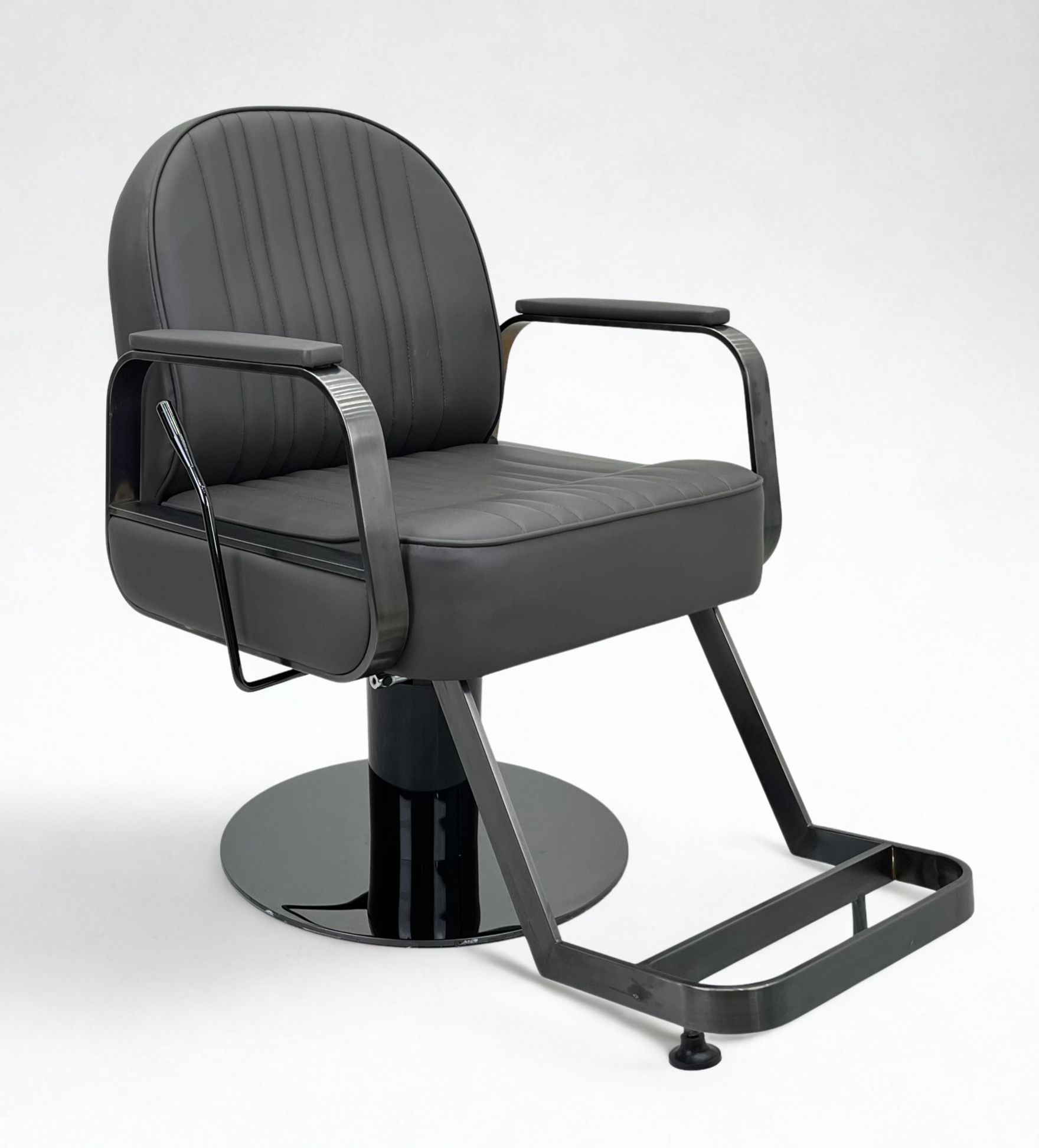 Bella Dark Grey styling chair with padded metal armrests and reclining feature on a round gun metal base.