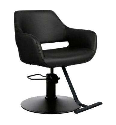 Alan black salon chair with a circular base, armrests, and a footrest.