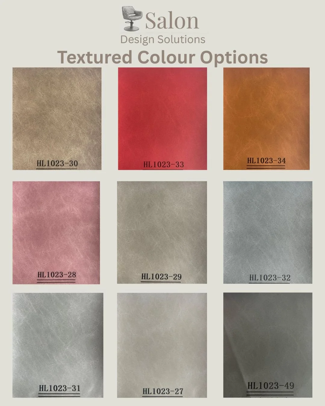 Design options for textured colors in a salon, featuring nine samples of textured material with color codes, including brown, red, orange, pink, beige, gray, and black.