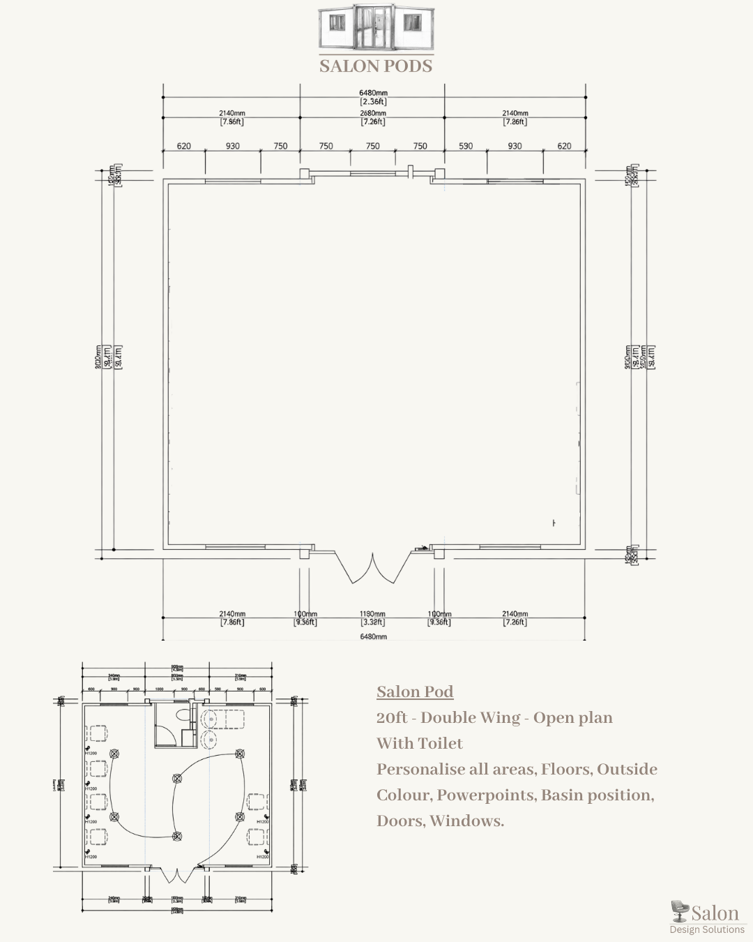 Architectural blueprint of a 20-foot double wing open plan salon pod with bathroom, including measurements and design notes.