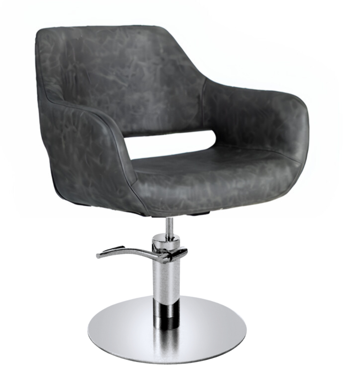 Textured grey styling chair with a round stainless steel base.