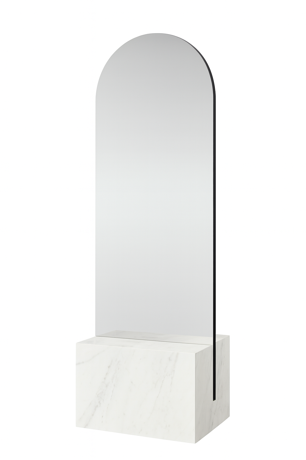 A modern mirror with a tall, arched shape mounted on a white marble rectangular base.