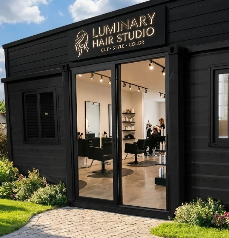 Exterior view of Luminary Hair Studio featuring a black building with large glass doors, a sign with a hair icon and the business name, and a glimpse of the salon interior with styling stations and a stylist working.
