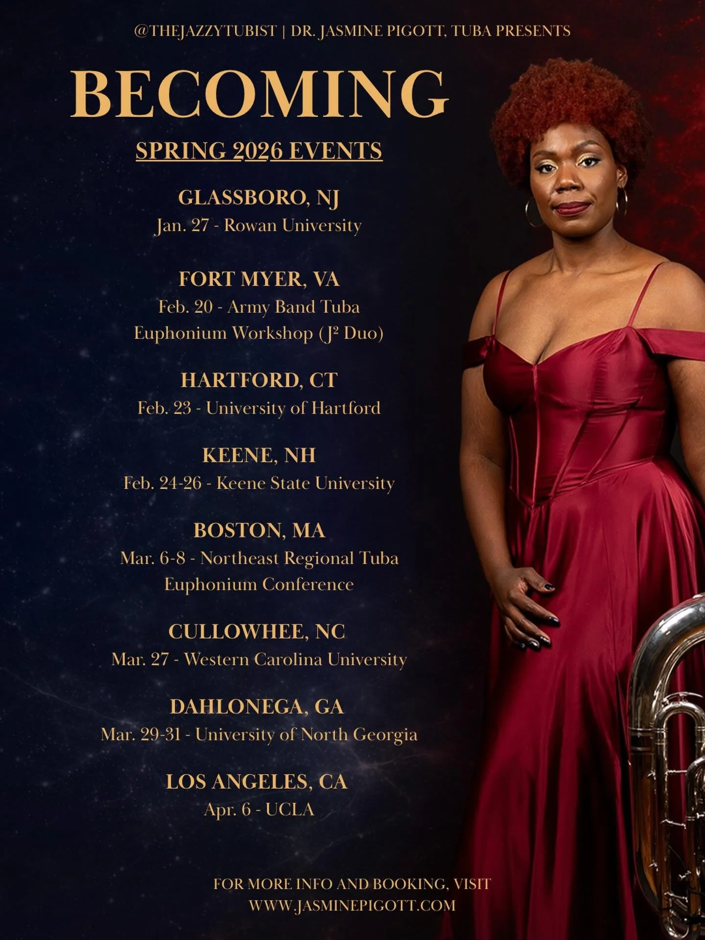 Spring 2026 dates are here!
Kicking off the season with my faculty recital at Rowan University this Tuesday 🎺🔥

I still have room to add a couple New England and Georgia stops. DM me if you&rsquo;d like to bring me to your school or community! 🤩

