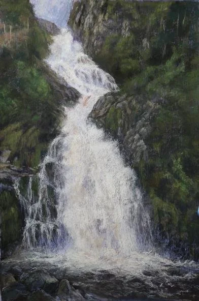 Assaranca Falls, Co. Donegal, by Rosie McClelland.
Soft Pastel.
Artwork - 99cm x 66cm
Framed - 111cm x 78cm
Price - £950
