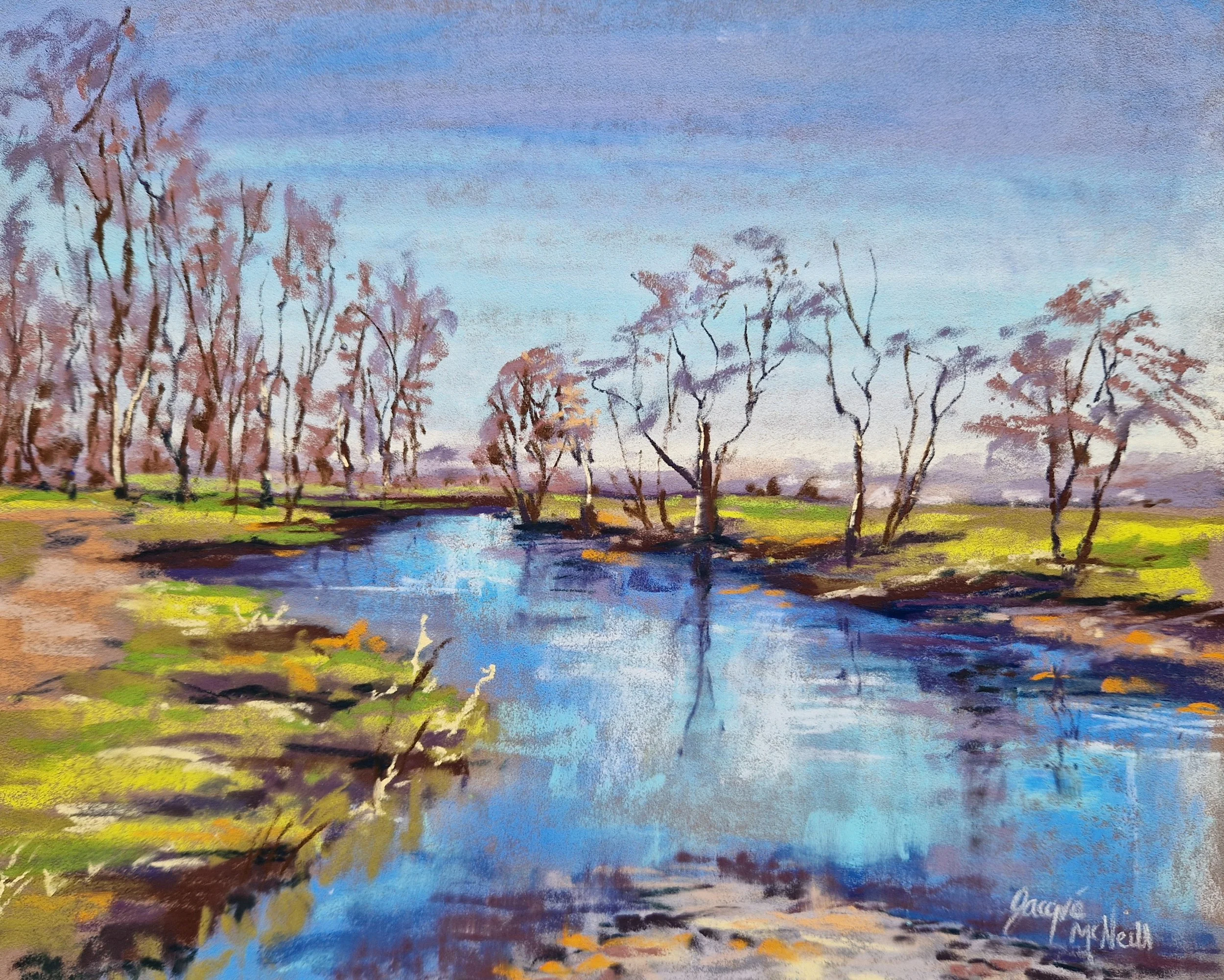 Take me to the river, by Jacqué McNeill; Soft pastel; Unframed dimensions - 18 x 28 cm; Framed dimensions - 32 x 40 cm; Price £110.00