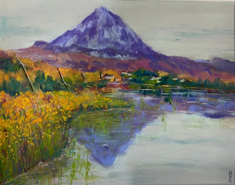 Reflection of Mt. Errigal, by Maria Hunter; Soft Pastel; Unframed dimension - 24 x 30 cm; Framed dimension = 44 x 52 cm; Price £210.00