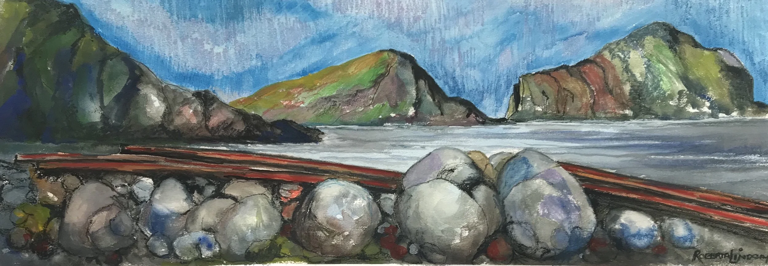 An Port 1, by Roberta Lindsay; Mixed dry media; Unframed dimensions - 71 x 25 cm; framed dimensions - 91 x 46 cm; Price - £175.00