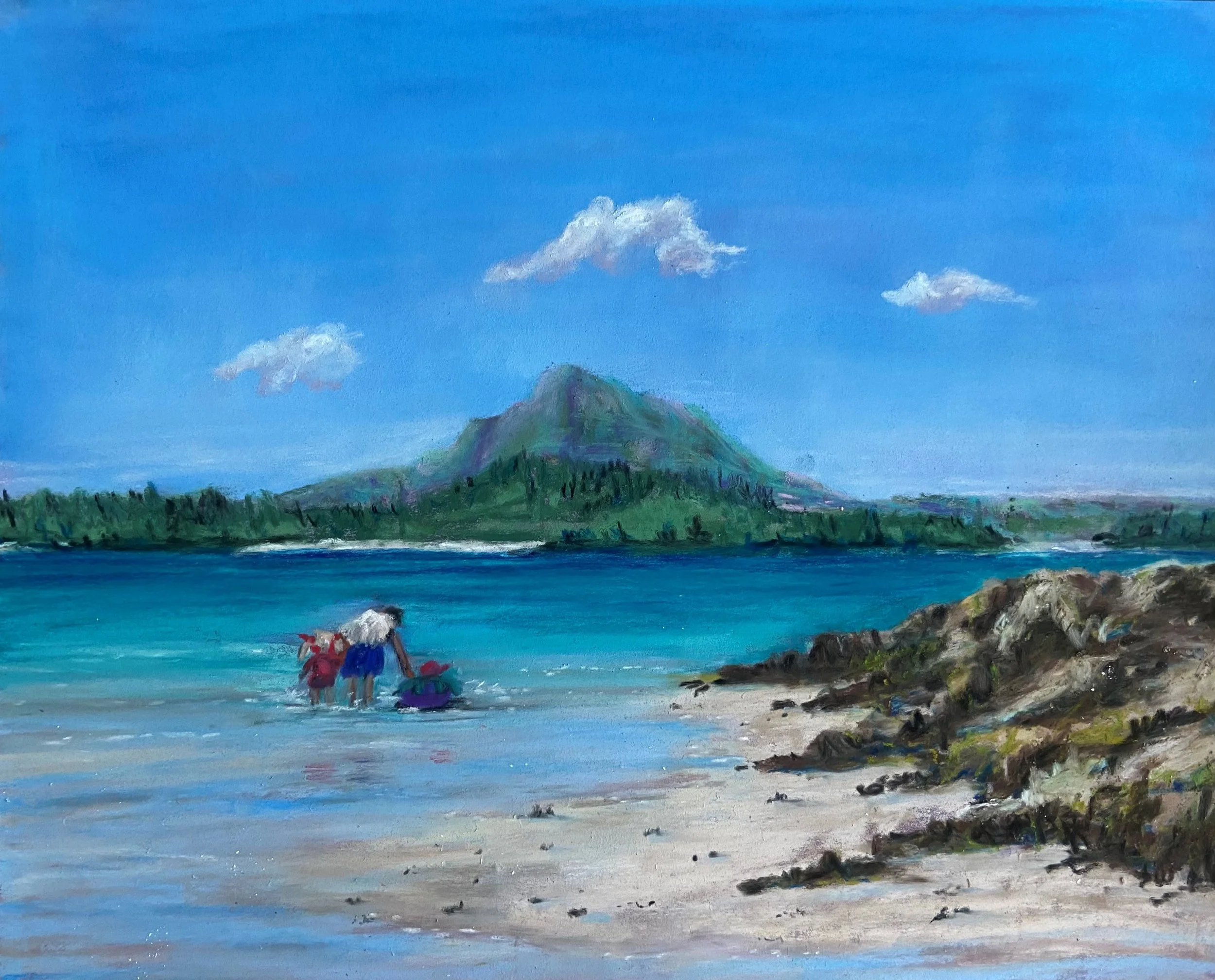 Happy Days at Tramore Beach, by Maria Hunter; Soft pastel; unframed dimensions - 24 x 28cm; Framed dimensions - 49 x 53 cm; Price £215.00