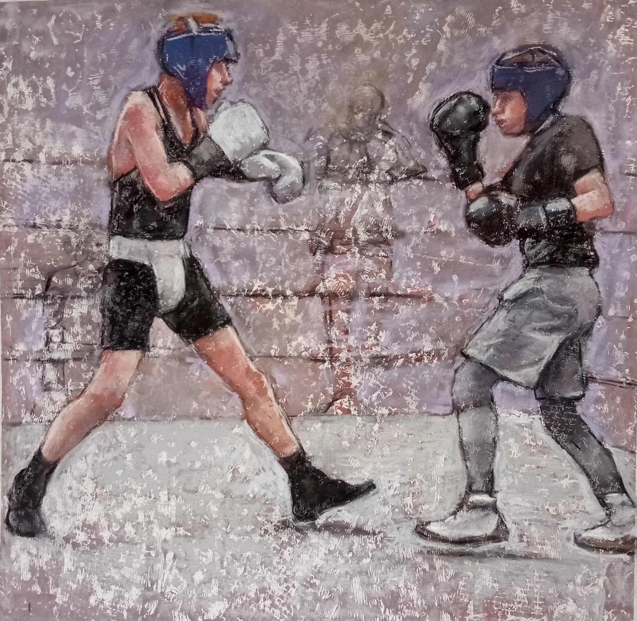 Sparring bout, by Sean McGibbon.
Mixed dry media.
Artwork - 45cm x 45cm.
Framed - 64cm x 64cm
Price - £595